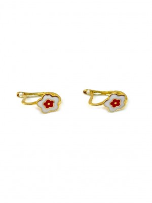 14 Ayar Altın Kırmızı Mineli Çiçek Çocuk Küpesi - TK0558